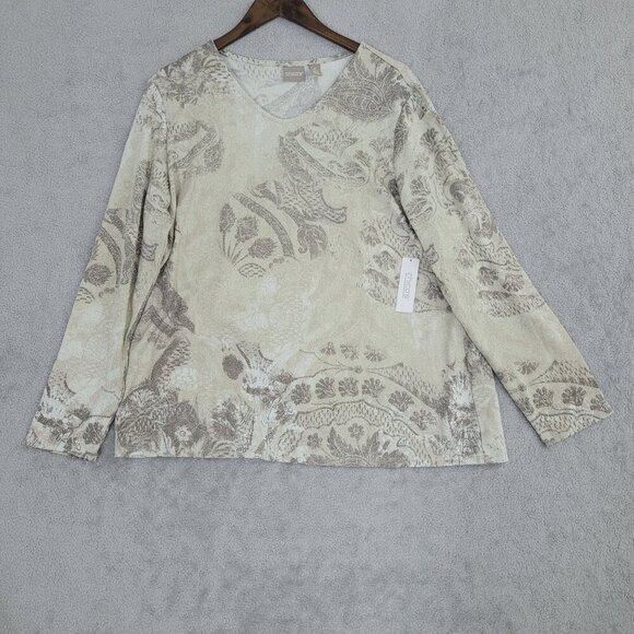 COPY - NWT Chico's V-Neck Shimmer Tee Top Knit Paisley Pattern Sz 3/ XL  28PT - Picture 1 of 7